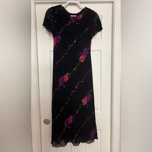 Talbots Black Dress with Purple and Pink Floral Design
